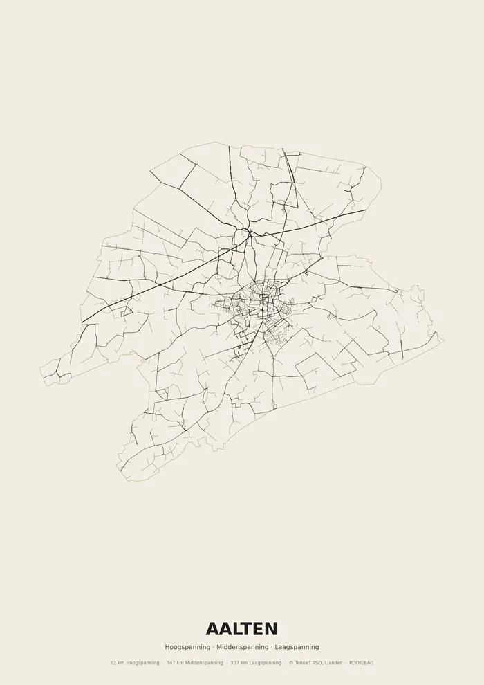 Poster van het elektriciteitsnet onder Aalten: hoog-, midden- en laagspanningskabels binnen de woonplaatsgrens