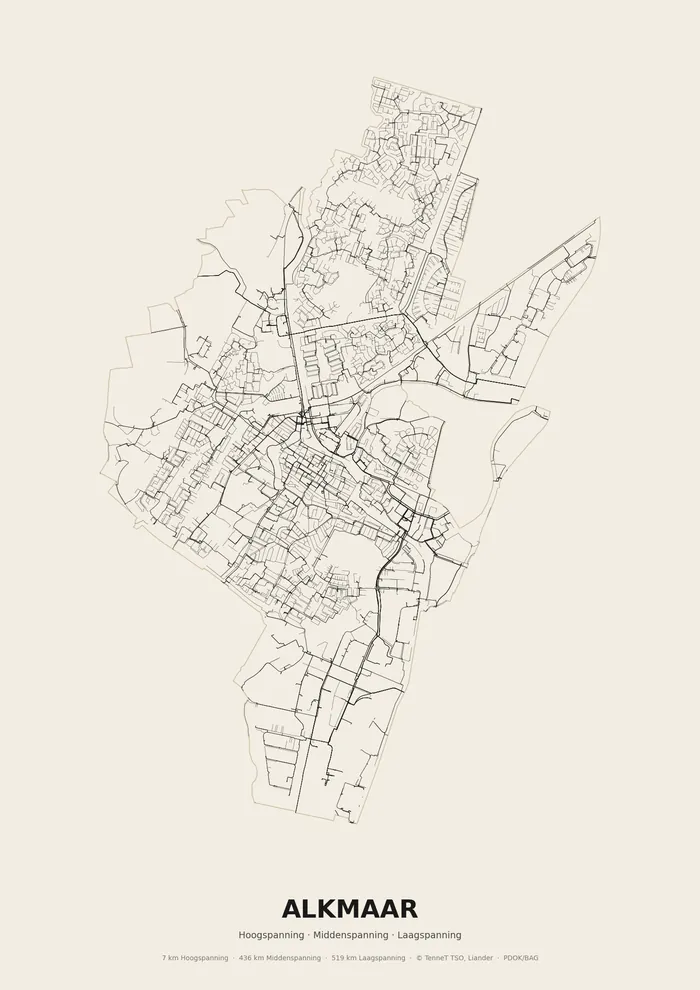 Poster van het elektriciteitsnet onder Alkmaar: hoog-, midden- en laagspanningskabels binnen de woonplaatsgrens