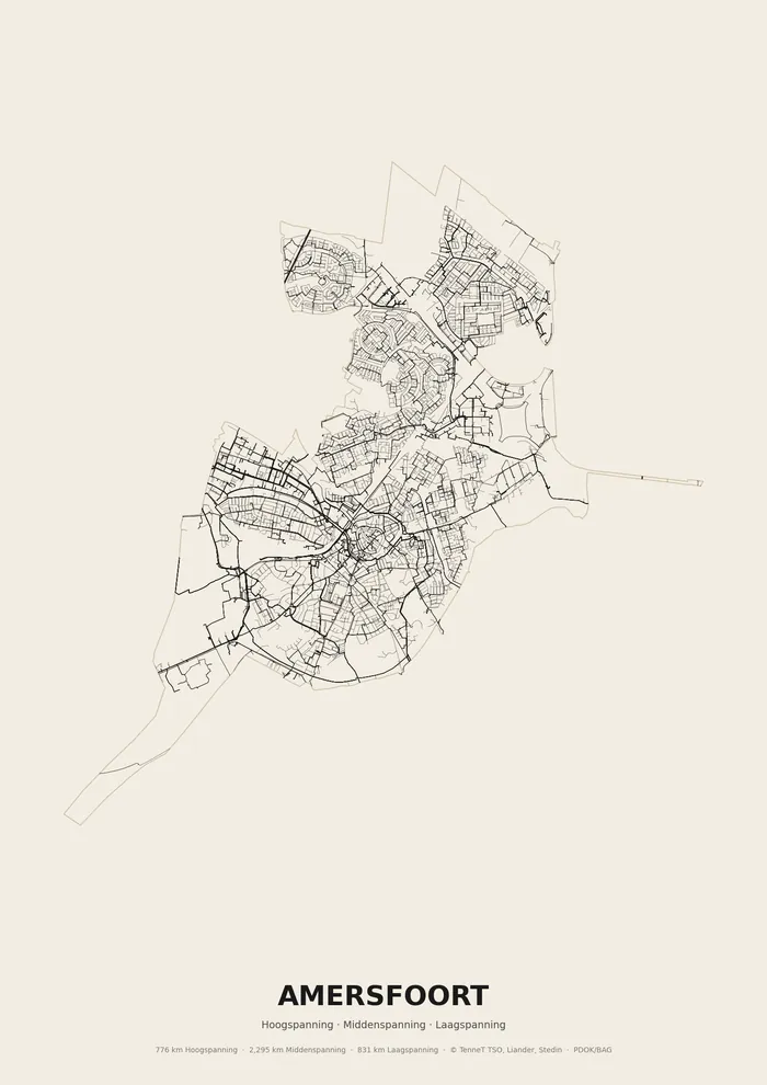 Poster van het elektriciteitsnet onder Amersfoort: hoog-, midden- en laagspanningskabels binnen de woonplaatsgrens