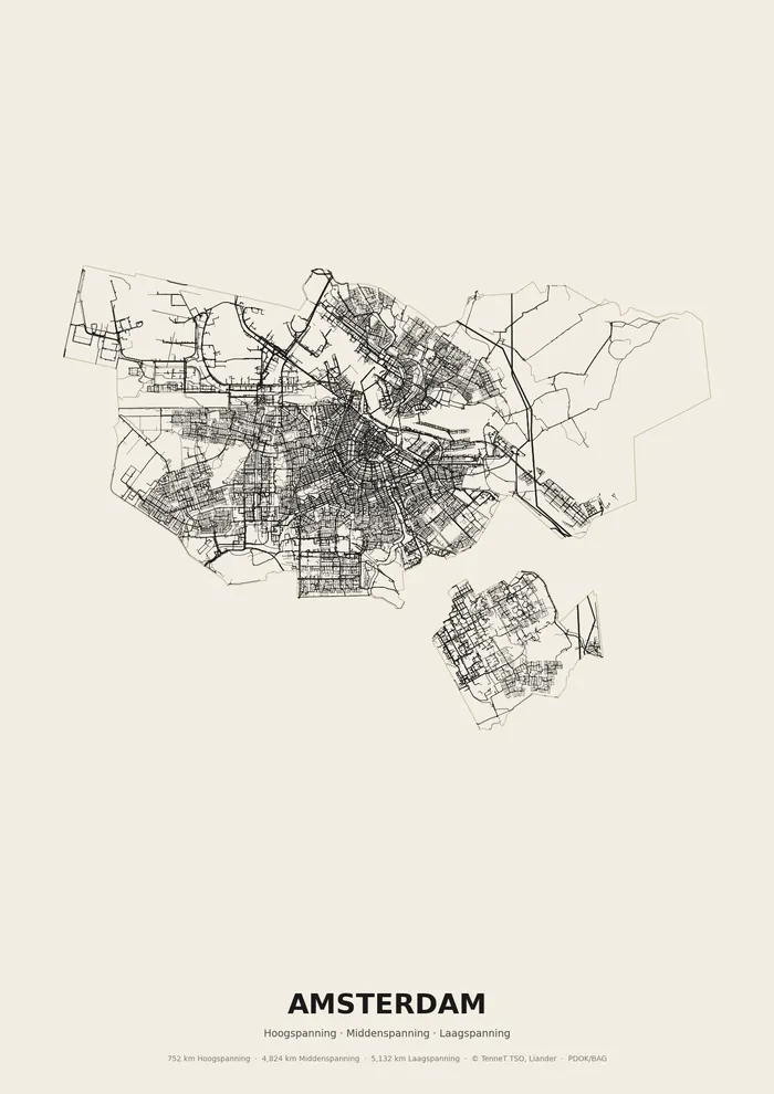 Poster van het elektriciteitsnet onder Amsterdam: hoog-, midden- en laagspanningskabels binnen de woonplaatsgrens