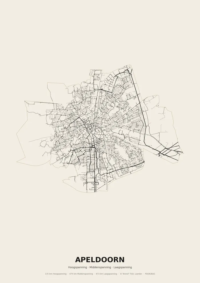 Poster van het elektriciteitsnet onder Apeldoorn: hoog-, midden- en laagspanningskabels binnen de woonplaatsgrens