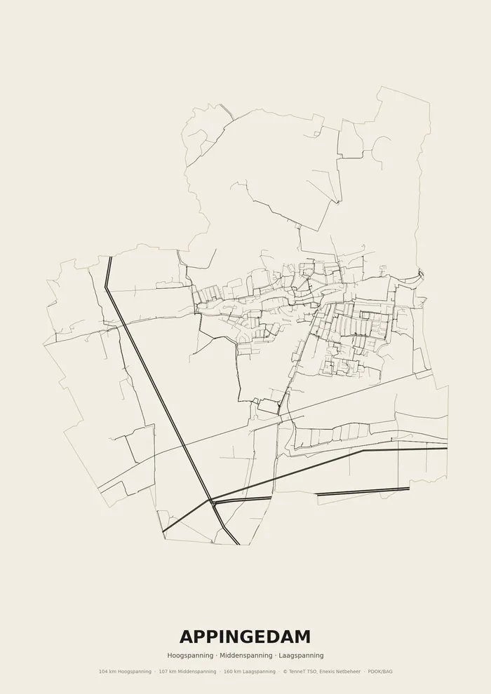 Poster van het elektriciteitsnet onder Appingedam: hoog-, midden- en laagspanningskabels binnen de woonplaatsgrens
