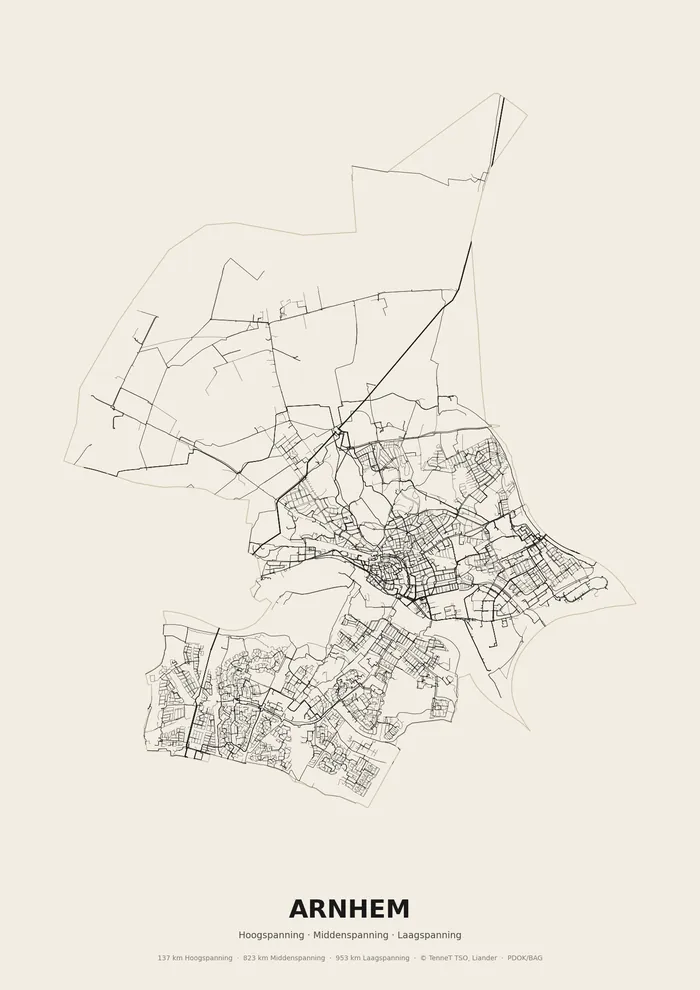 Poster van het elektriciteitsnet onder Arnhem: hoog-, midden- en laagspanningskabels binnen de woonplaatsgrens