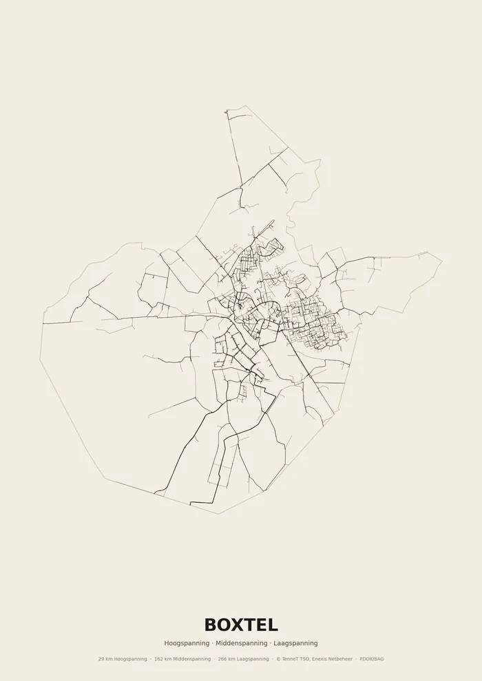 Poster van het elektriciteitsnet onder Boxtel: hoog-, midden- en laagspanningskabels binnen de woonplaatsgrens
