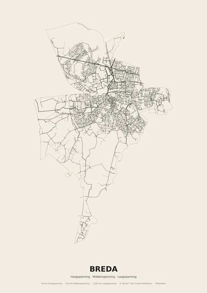 Poster van het elektriciteitsnet onder Breda: hoog-, midden- en laagspanningskabels binnen de woonplaatsgrens