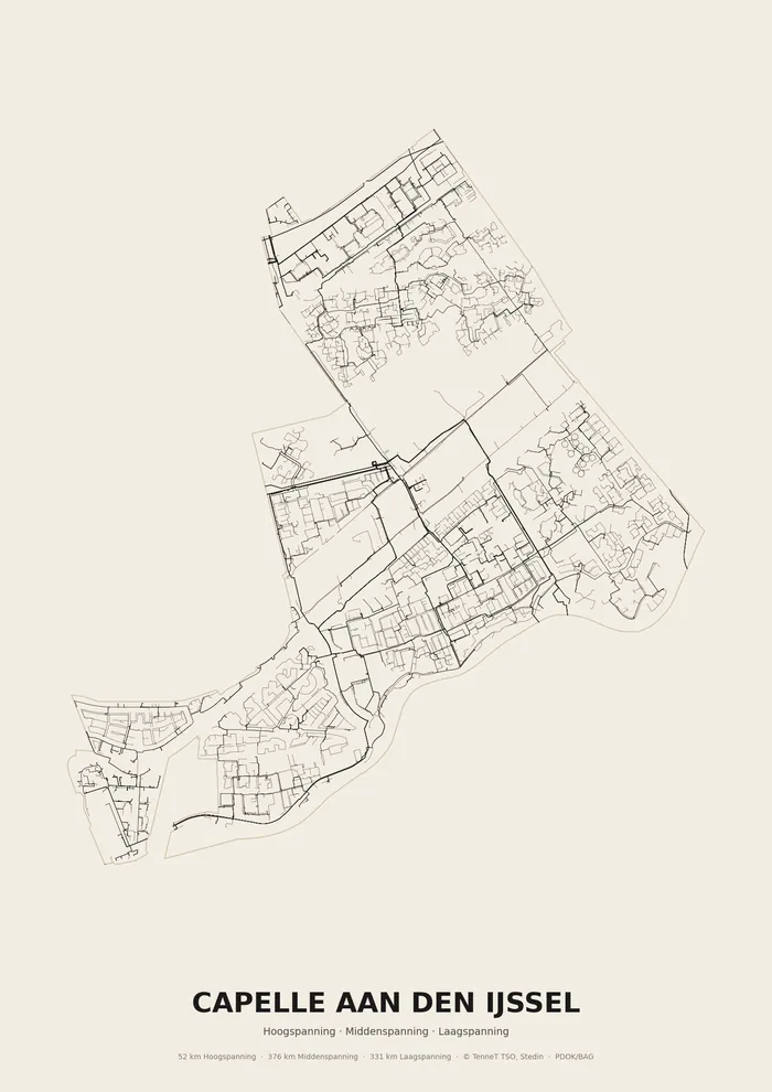 Poster van het elektriciteitsnet onder Capelle aan den IJssel: hoog-, midden- en laagspanningskabels binnen de woonplaatsgrens