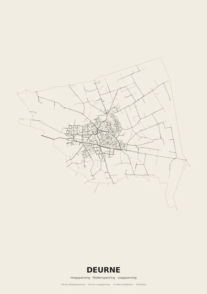 Poster van het elektriciteitsnet onder Deurne: hoog-, midden- en laagspanningskabels binnen de woonplaatsgrens