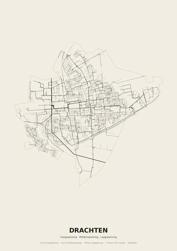 Poster van het elektriciteitsnet onder Drachten: hoog-, midden- en laagspanningskabels binnen de woonplaatsgrens