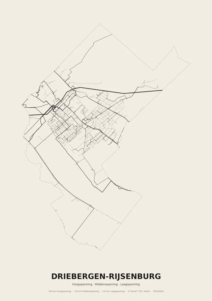 Poster van het elektriciteitsnet onder Driebergen-Rijsenburg: hoog-, midden- en laagspanningskabels binnen de woonplaatsgrens