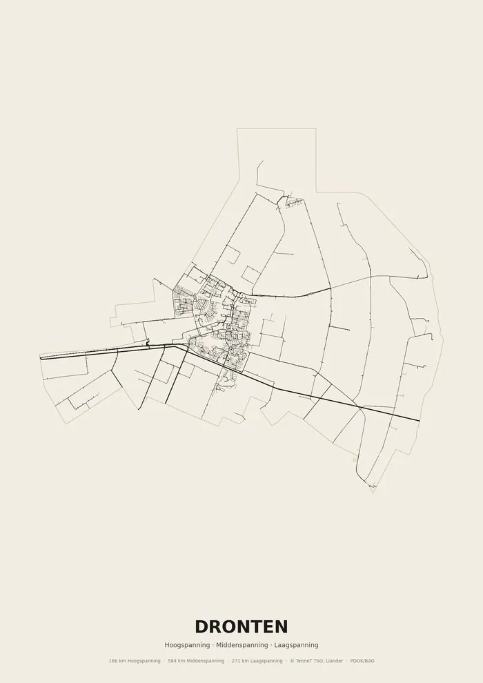 Poster van het elektriciteitsnet onder Dronten: hoog-, midden- en laagspanningskabels binnen de woonplaatsgrens