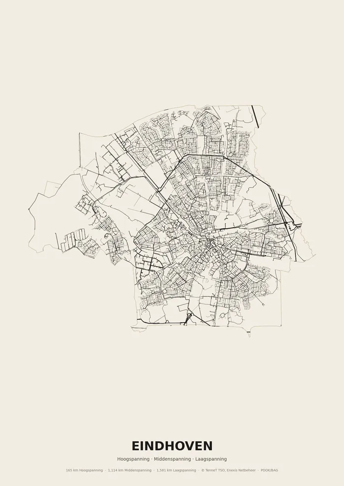 Poster van het elektriciteitsnet onder Eindhoven: hoog-, midden- en laagspanningskabels binnen de woonplaatsgrens