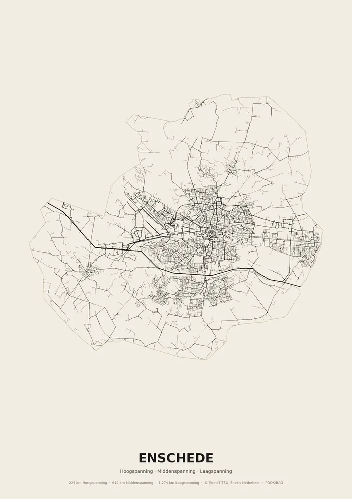 Poster van het elektriciteitsnet onder Enschede: hoog-, midden- en laagspanningskabels binnen de woonplaatsgrens