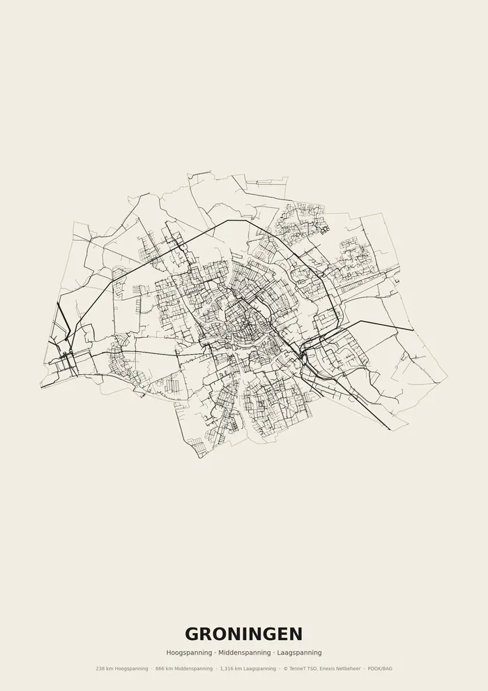 Poster van het elektriciteitsnet onder Groningen: hoog-, midden- en laagspanningskabels binnen de woonplaatsgrens