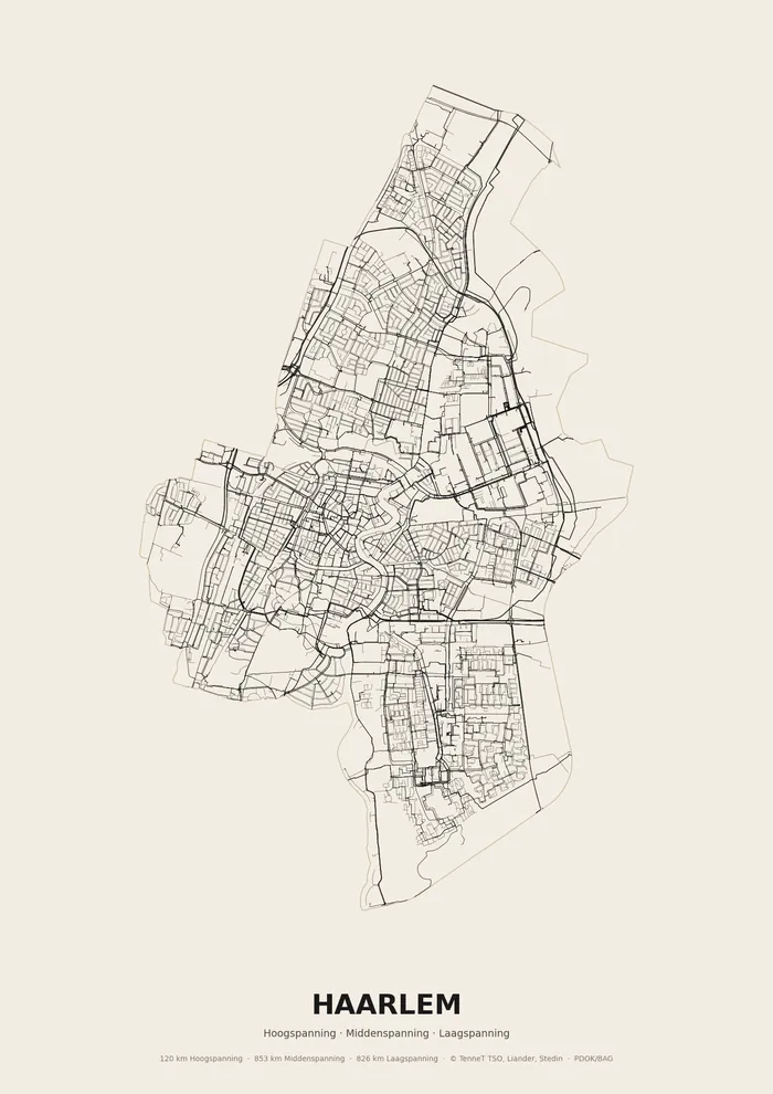 Poster van het elektriciteitsnet onder Haarlem: hoog-, midden- en laagspanningskabels binnen de woonplaatsgrens