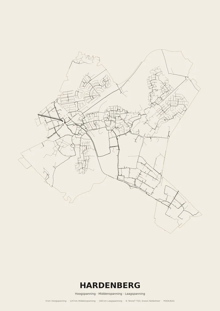 Poster van het elektriciteitsnet onder Hardenberg: hoog-, midden- en laagspanningskabels binnen de woonplaatsgrens