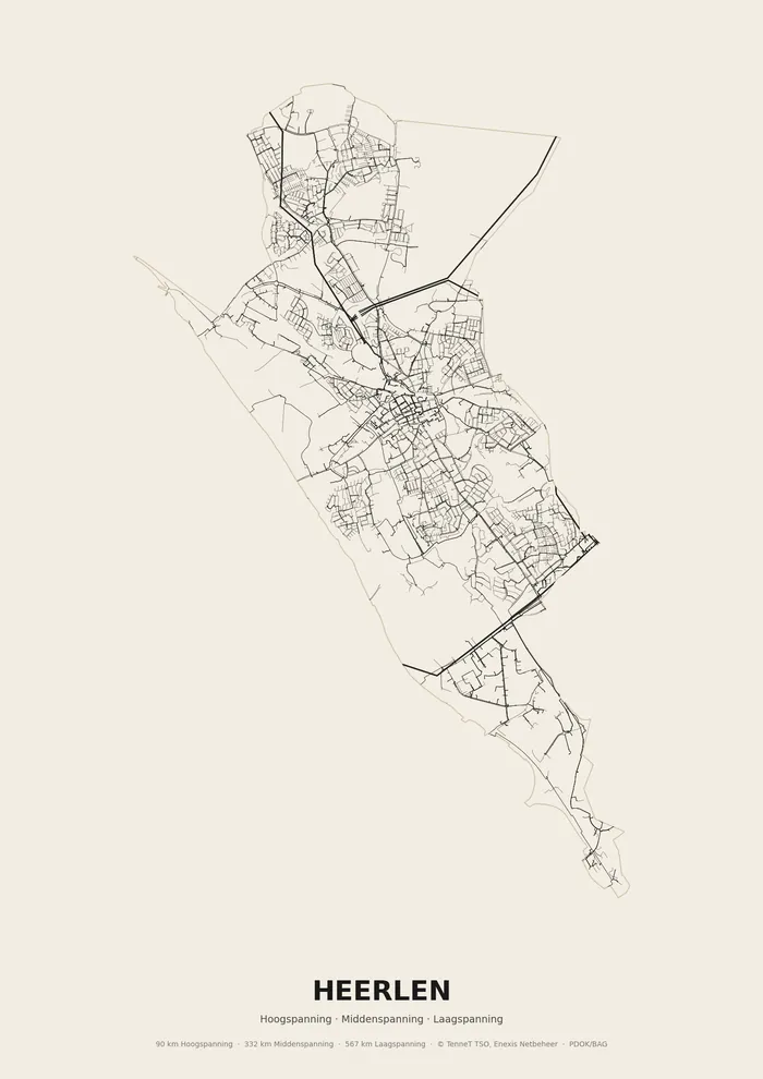 Poster van het elektriciteitsnet onder Heerlen: hoog-, midden- en laagspanningskabels binnen de woonplaatsgrens