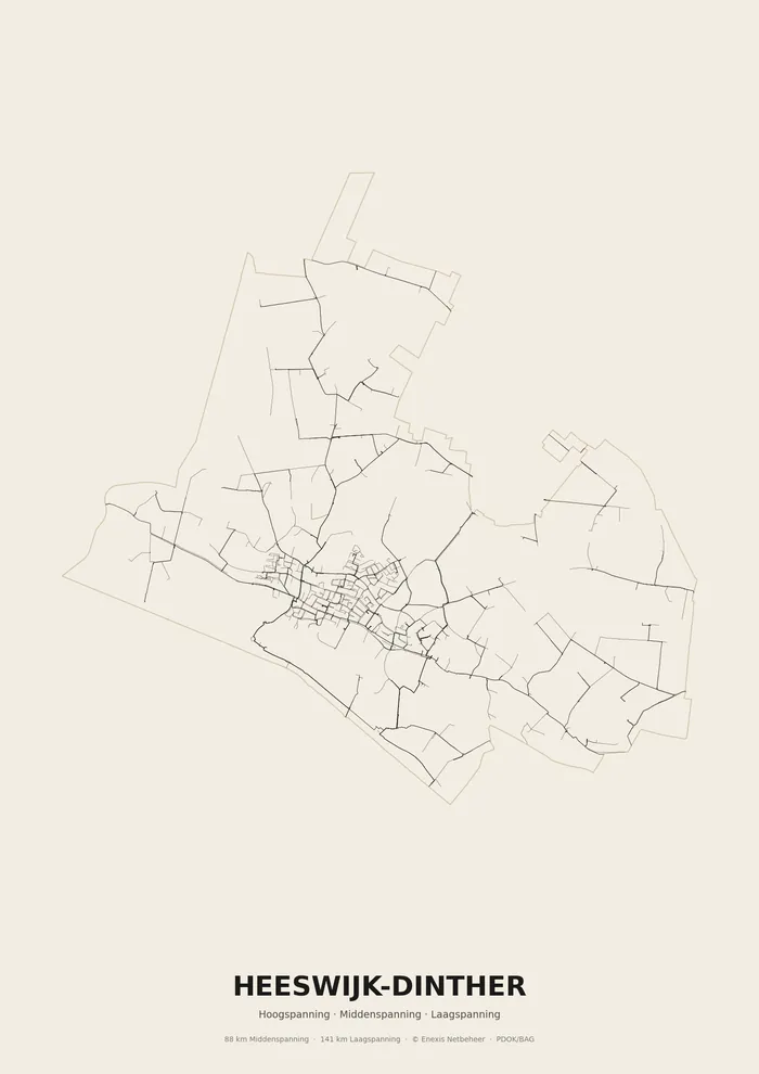Poster van het elektriciteitsnet onder Heeswijk-Dinther: hoog-, midden- en laagspanningskabels binnen de woonplaatsgrens