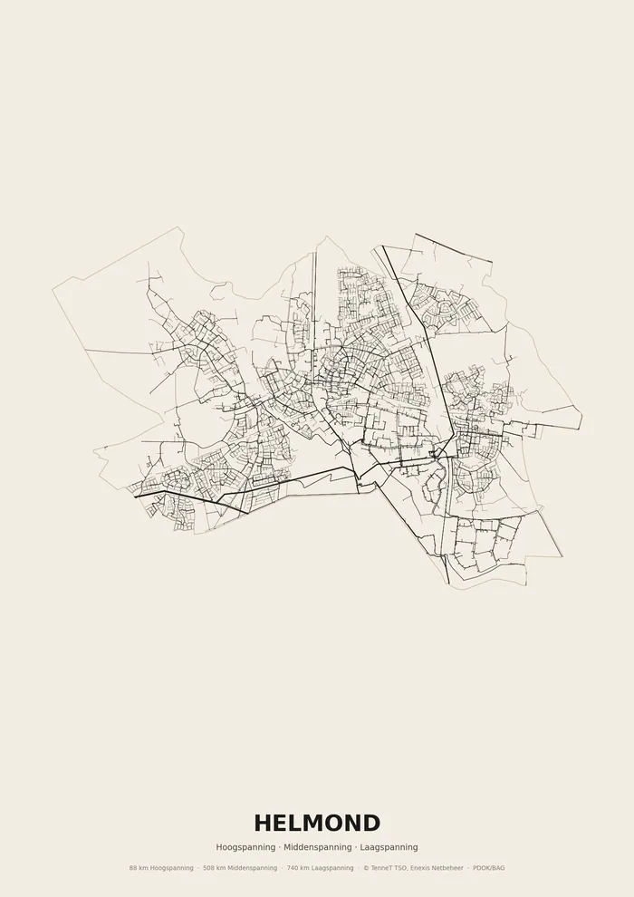 Poster van het elektriciteitsnet onder Helmond: hoog-, midden- en laagspanningskabels binnen de woonplaatsgrens