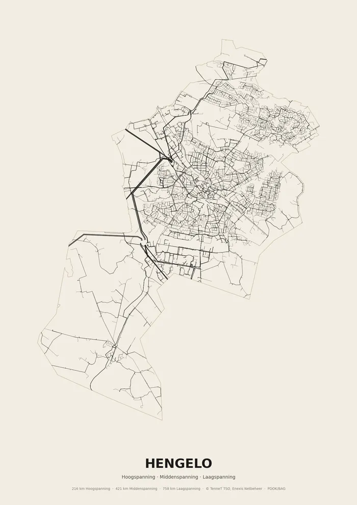 Poster van het elektriciteitsnet onder Hengelo: hoog-, midden- en laagspanningskabels binnen de woonplaatsgrens
