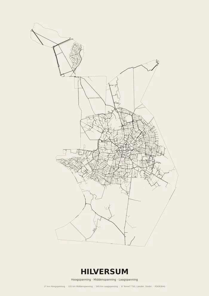 Poster van het elektriciteitsnet onder Hilversum: hoog-, midden- en laagspanningskabels binnen de woonplaatsgrens