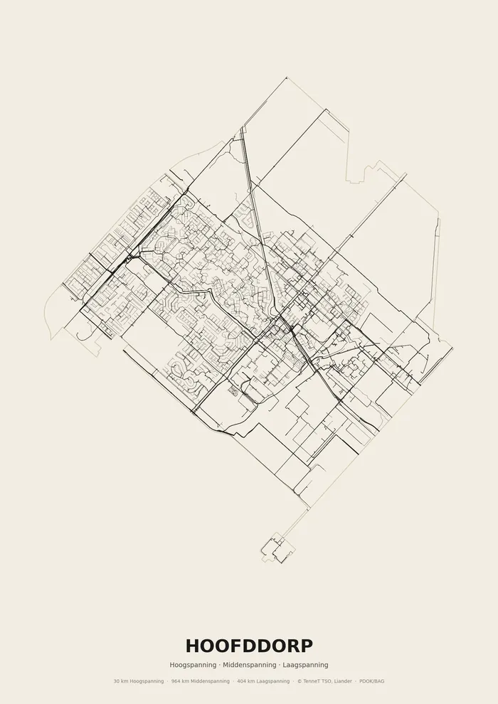 Poster van het elektriciteitsnet onder Hoofddorp: hoog-, midden- en laagspanningskabels binnen de woonplaatsgrens