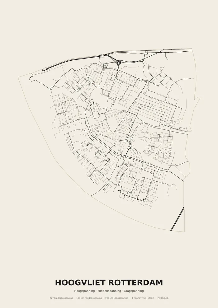 Poster van het elektriciteitsnet onder Hoogvliet Rotterdam: hoog-, midden- en laagspanningskabels binnen de woonplaatsgrens