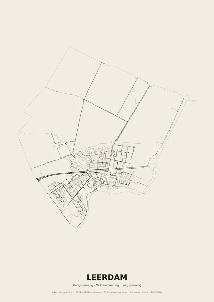 Poster van het elektriciteitsnet onder Leerdam: hoog-, midden- en laagspanningskabels binnen de woonplaatsgrens