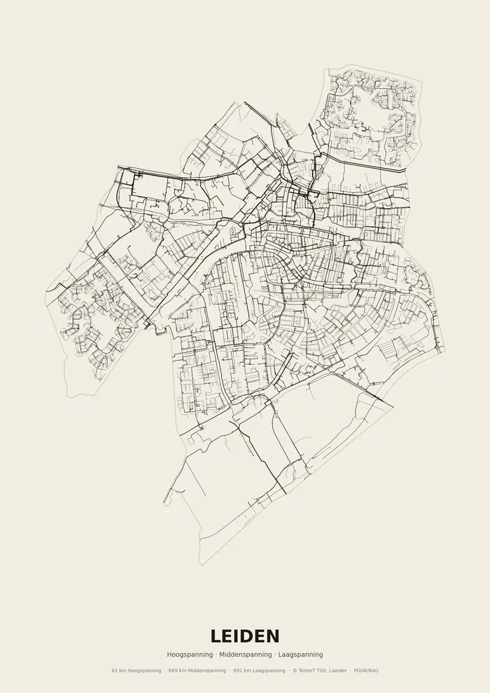 Poster van het elektriciteitsnet onder Leiden: hoog-, midden- en laagspanningskabels binnen de woonplaatsgrens