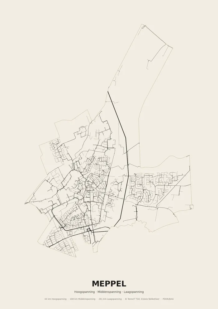 Poster van het elektriciteitsnet onder Meppel: hoog-, midden- en laagspanningskabels binnen de woonplaatsgrens
