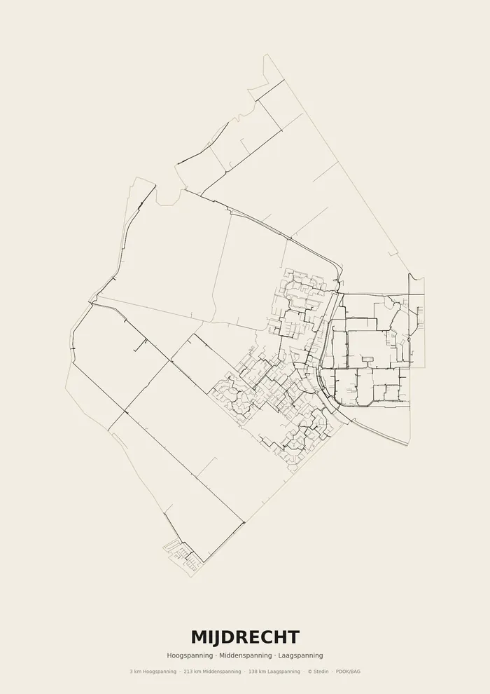 Poster van het elektriciteitsnet onder Mijdrecht: hoog-, midden- en laagspanningskabels binnen de woonplaatsgrens