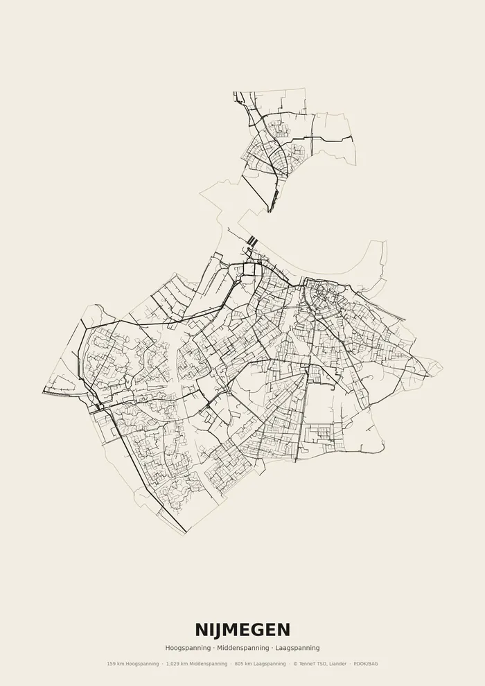 Poster van het elektriciteitsnet onder Nijmegen: hoog-, midden- en laagspanningskabels binnen de woonplaatsgrens