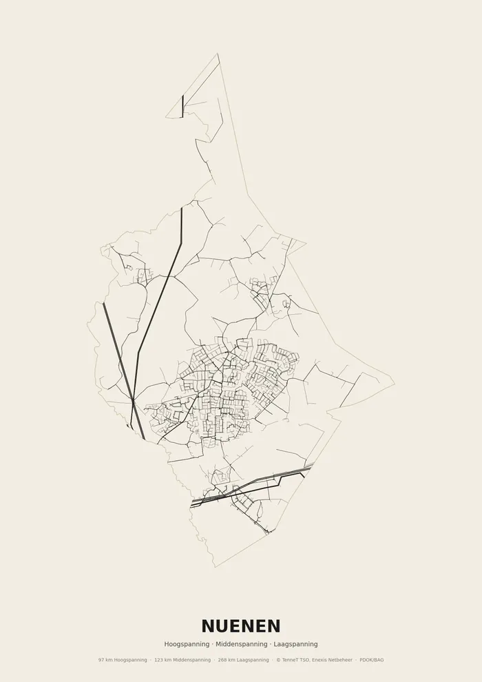 Poster van het elektriciteitsnet onder Nuenen: hoog-, midden- en laagspanningskabels binnen de woonplaatsgrens