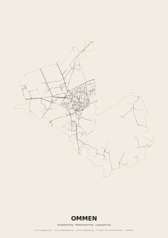 Poster van het elektriciteitsnet onder Ommen: hoog-, midden- en laagspanningskabels binnen de woonplaatsgrens