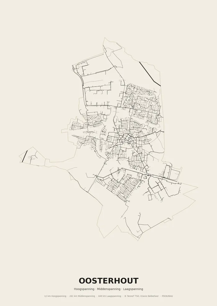 Poster van het elektriciteitsnet onder Oosterhout: hoog-, midden- en laagspanningskabels binnen de woonplaatsgrens