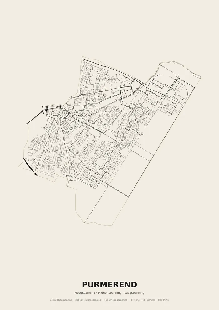 Poster van het elektriciteitsnet onder Purmerend: hoog-, midden- en laagspanningskabels binnen de woonplaatsgrens