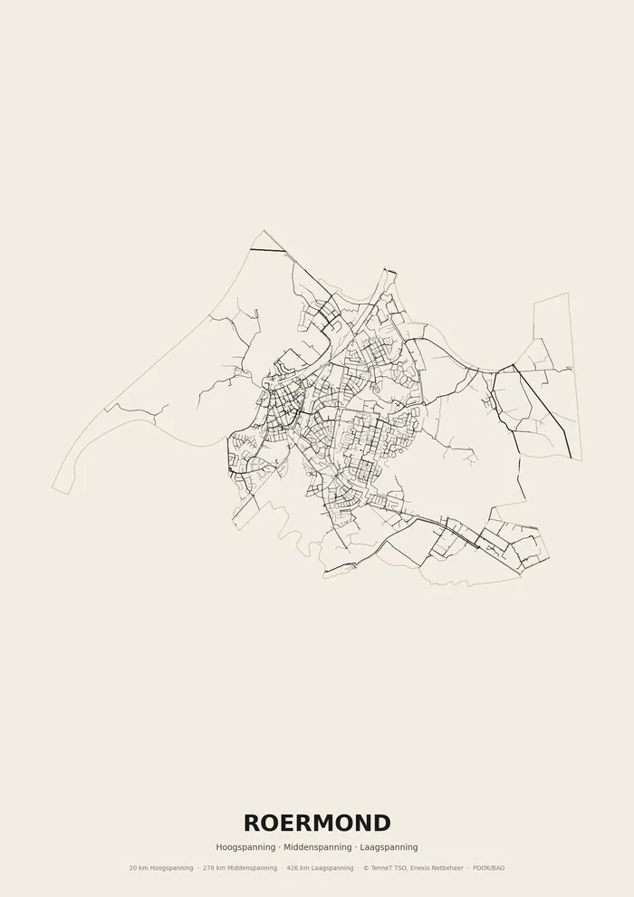 Poster van het elektriciteitsnet onder Roermond: hoog-, midden- en laagspanningskabels binnen de woonplaatsgrens
