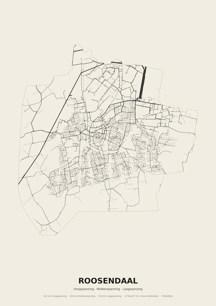 Poster van het elektriciteitsnet onder Roosendaal: hoog-, midden- en laagspanningskabels binnen de woonplaatsgrens