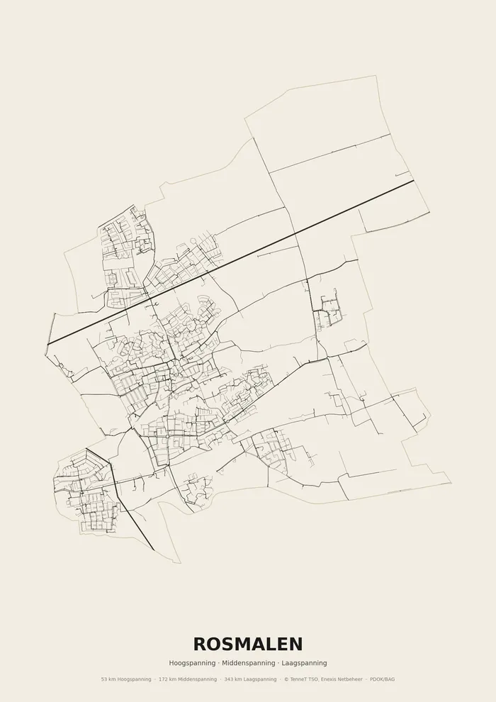 Poster van het elektriciteitsnet onder Rosmalen: hoog-, midden- en laagspanningskabels binnen de woonplaatsgrens