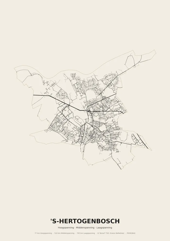 Poster van het elektriciteitsnet onder 's-Hertogenbosch: hoog-, midden- en laagspanningskabels binnen de woonplaatsgrens