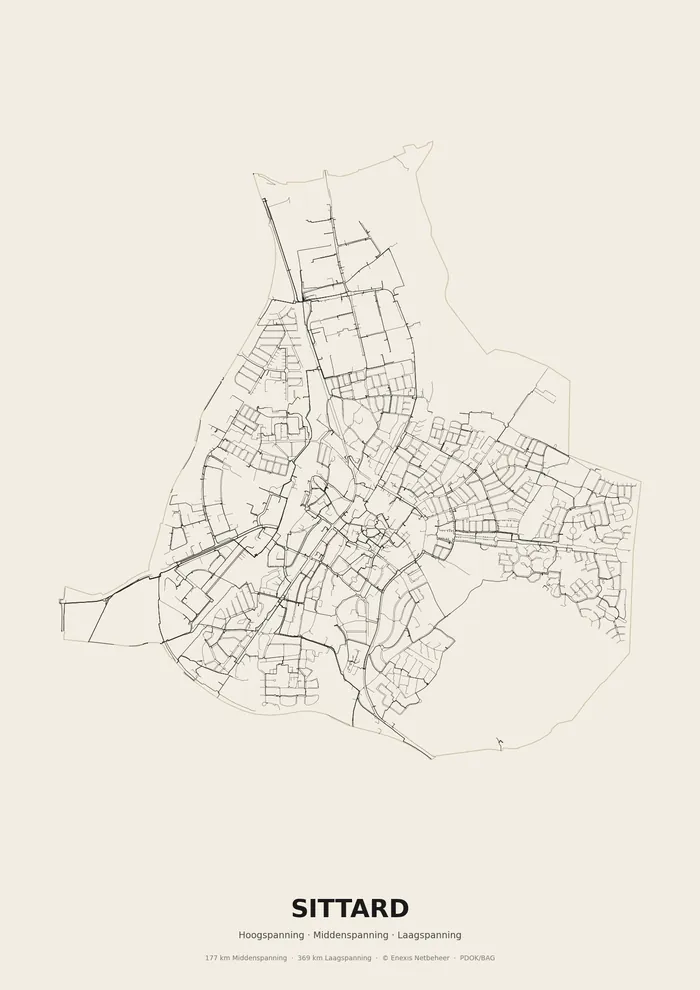 Poster van het elektriciteitsnet onder Sittard: hoog-, midden- en laagspanningskabels binnen de woonplaatsgrens