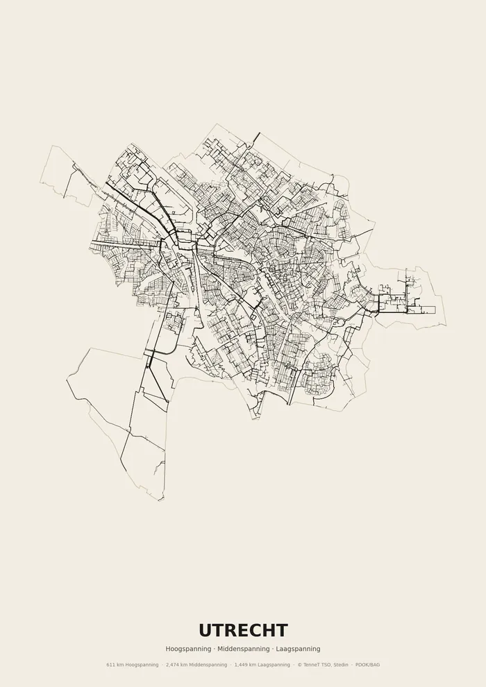 Poster van het elektriciteitsnet onder Utrecht: hoog-, midden- en laagspanningskabels binnen de woonplaatsgrens