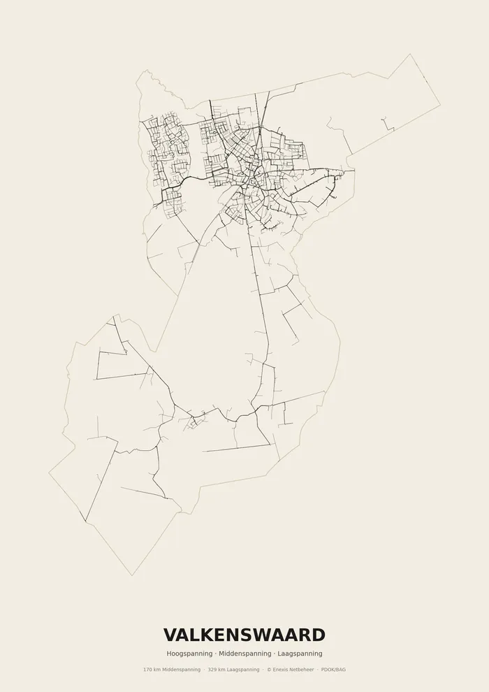 Poster van het elektriciteitsnet onder Valkenswaard: hoog-, midden- en laagspanningskabels binnen de woonplaatsgrens