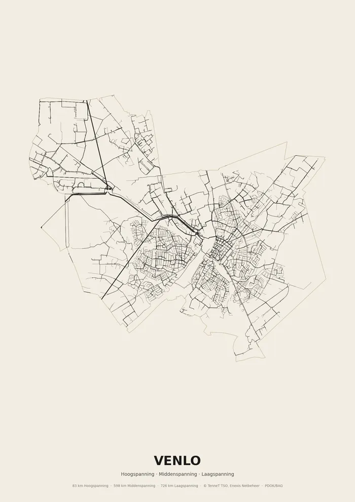 Poster van het elektriciteitsnet onder Venlo: hoog-, midden- en laagspanningskabels binnen de woonplaatsgrens