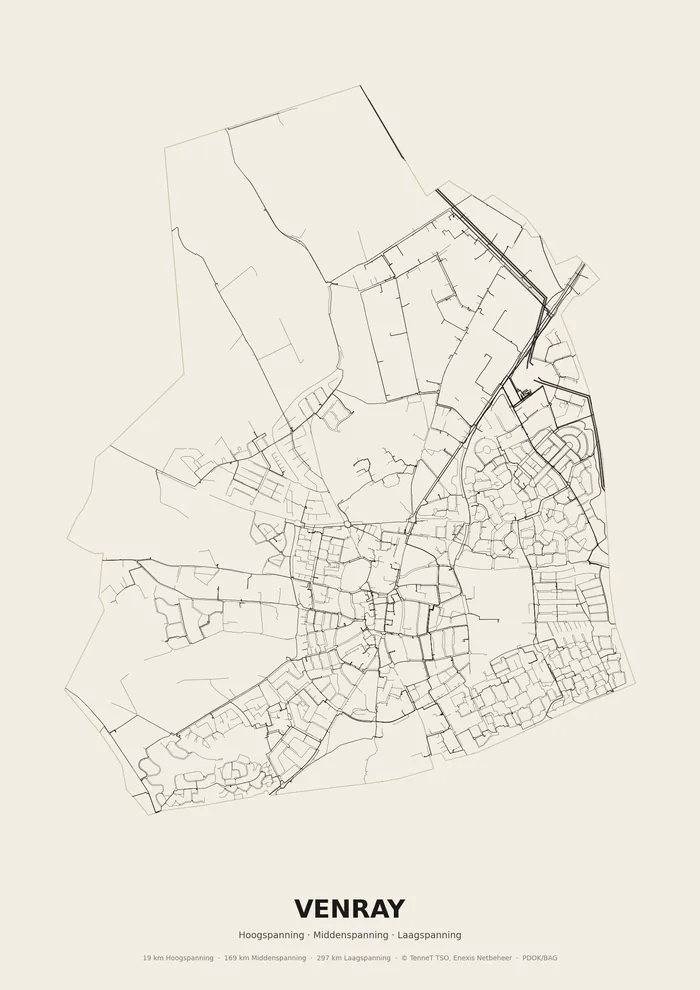 Poster van het elektriciteitsnet onder Venray: hoog-, midden- en laagspanningskabels binnen de woonplaatsgrens