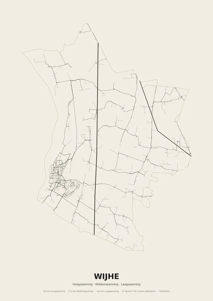 Poster van het elektriciteitsnet onder Wijhe: hoog-, midden- en laagspanningskabels binnen de woonplaatsgrens