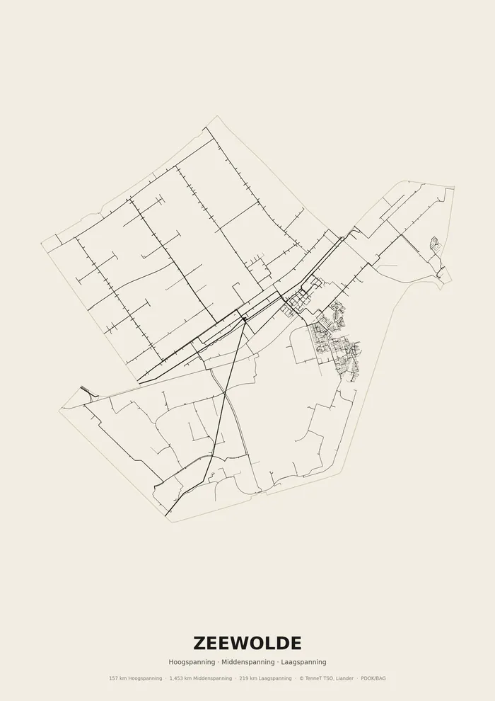 Poster van het elektriciteitsnet onder Zeewolde: hoog-, midden- en laagspanningskabels binnen de woonplaatsgrens