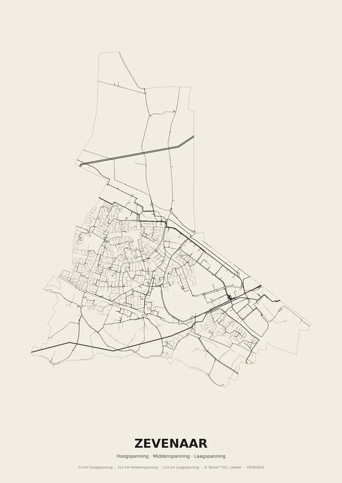 Poster van het elektriciteitsnet onder Zevenaar: hoog-, midden- en laagspanningskabels binnen de woonplaatsgrens