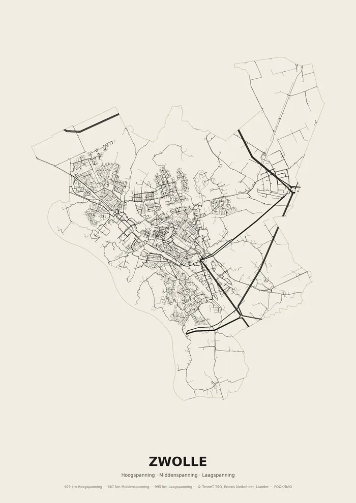 Poster van het elektriciteitsnet onder Zwolle: hoog-, midden- en laagspanningskabels binnen de woonplaatsgrens